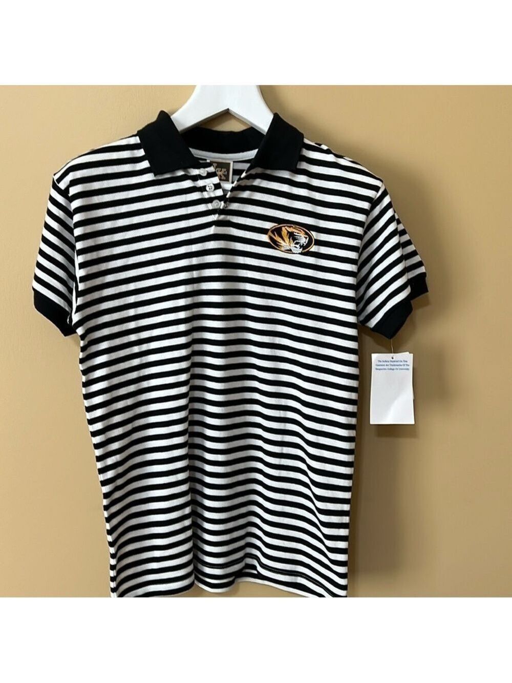 MIZZOU black / white striped polo with Tiger insignia. Youth large. NWT